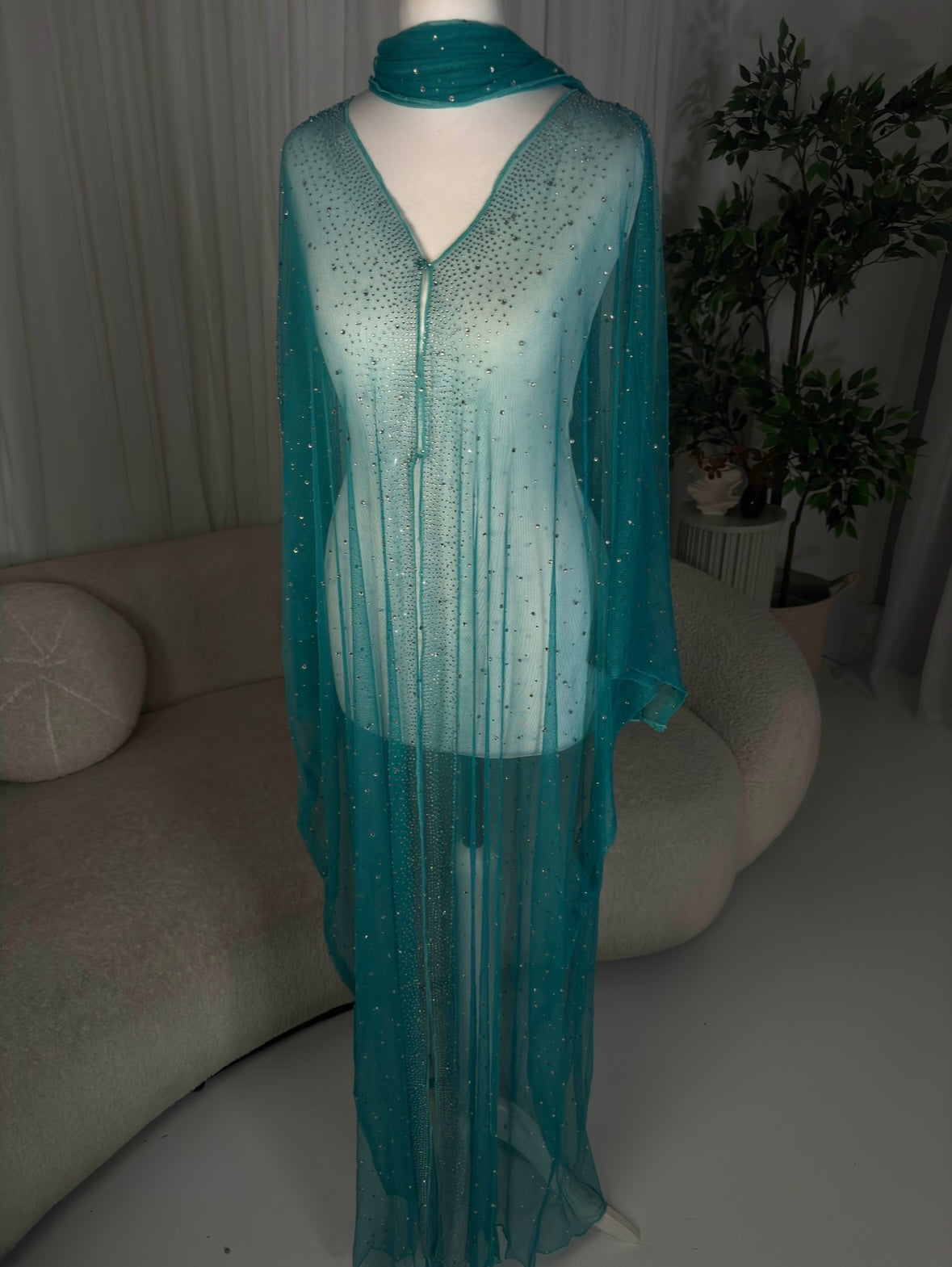 Turquoise Sheer Embellished Overlay & Scarf
