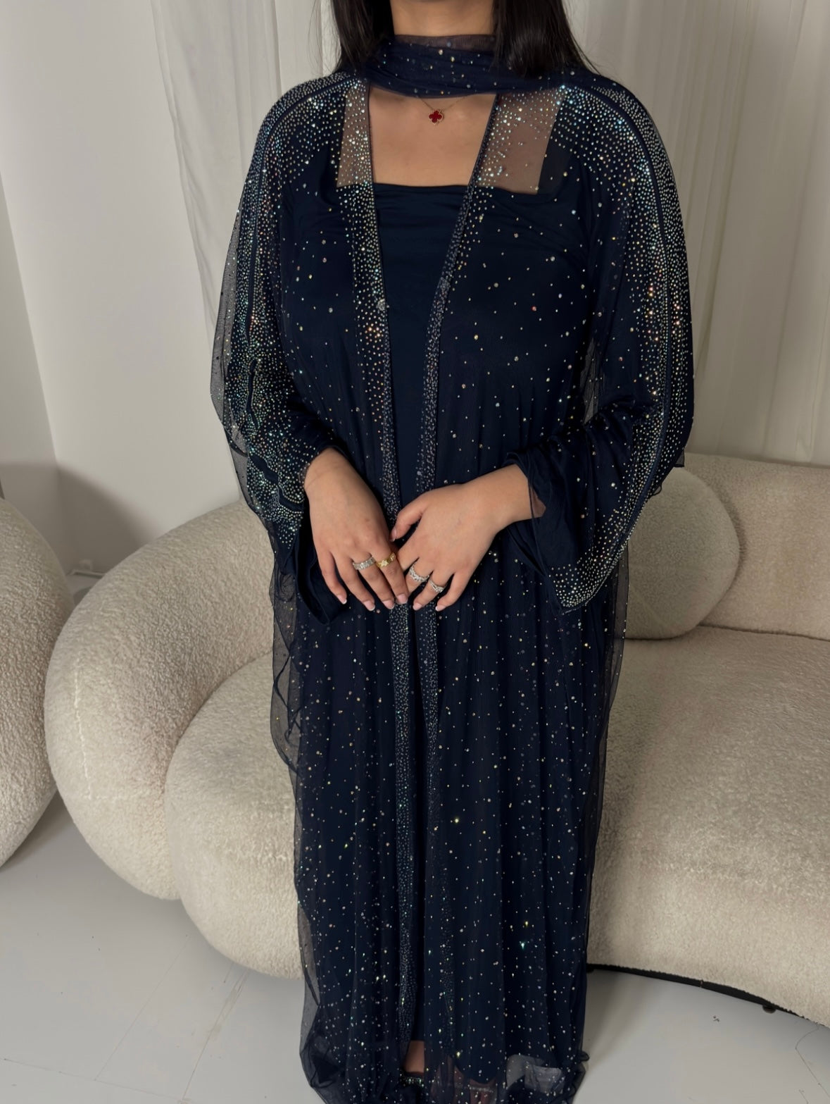 Navy Sheer Embellished Overlay & Scarf