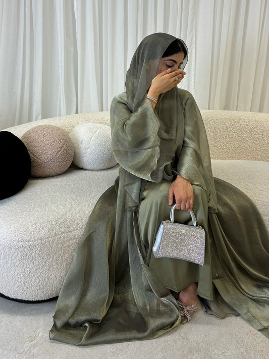 Khaki Organza Shimmer 3-piece abaya set