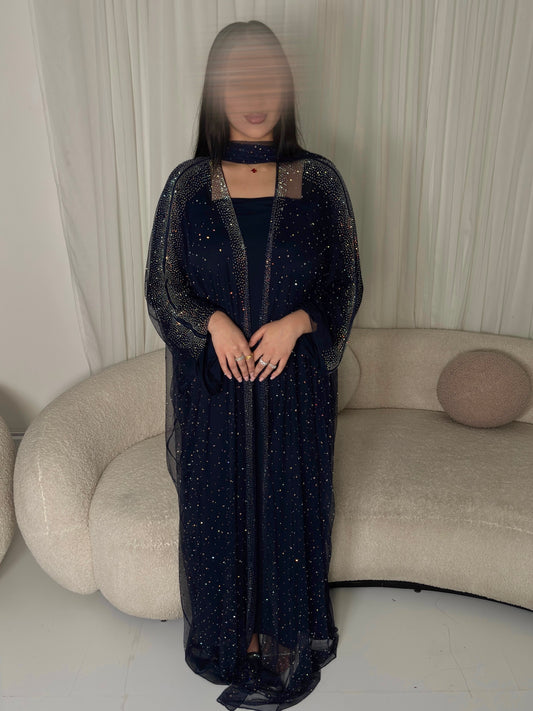 Navy Sheer Embellished Overlay & Scarf