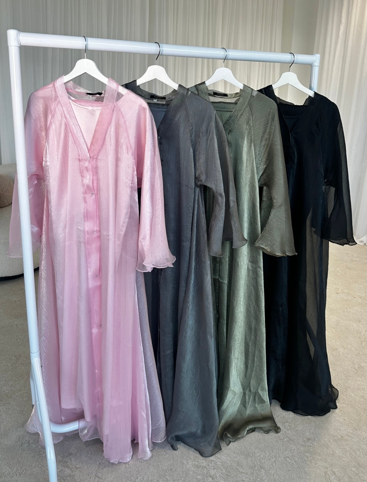 Khaki Organza Shimmer 3-piece abaya set